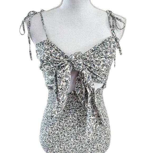 Mable Blue Floral Knot Front Smocked Sleeveless  Midi Dress Size Large - Picture 4 of 10